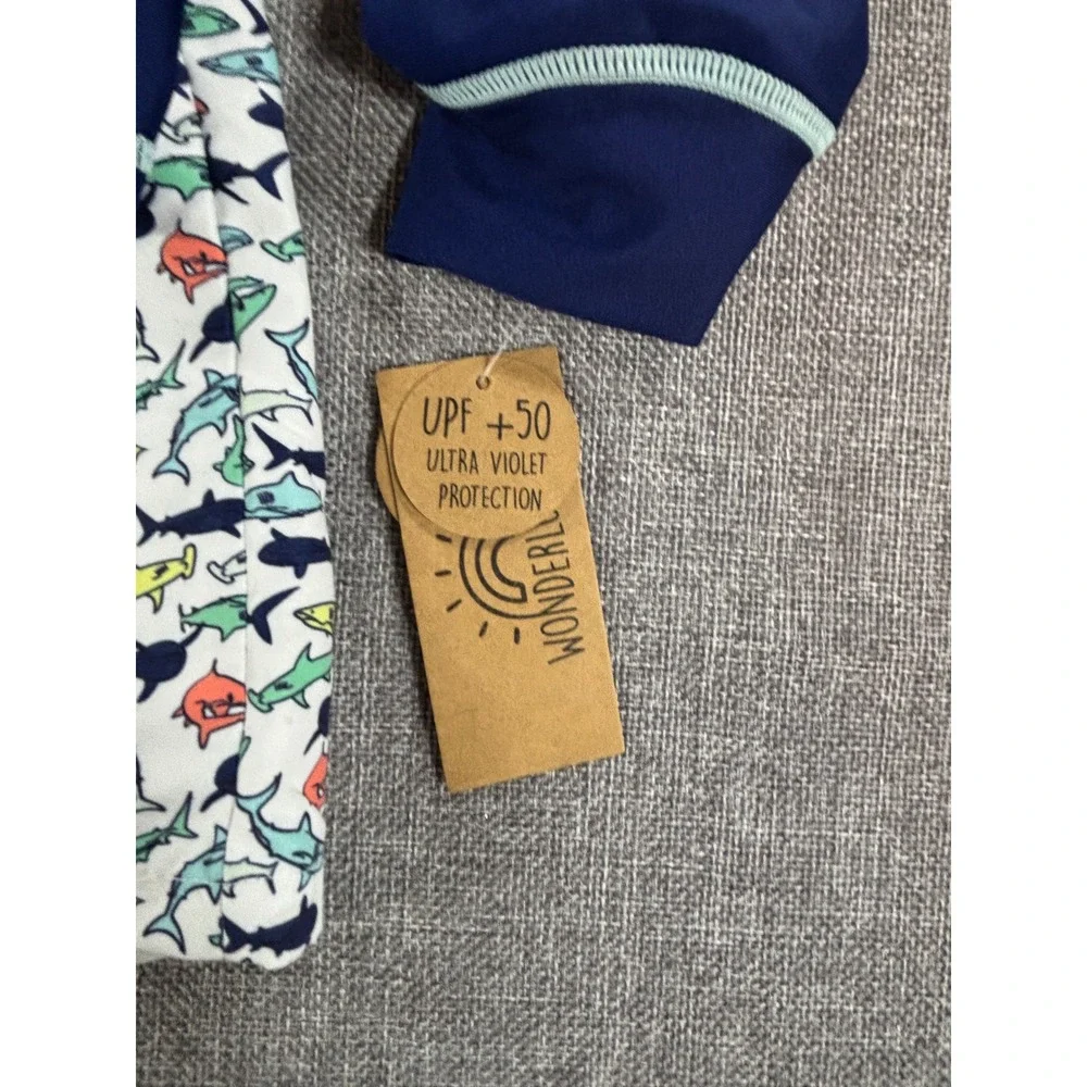 WONDERLUXE Rash Guard Hoodie and Swim Trunks Set Shark Navy Blue UPF 50+ Boys 4T